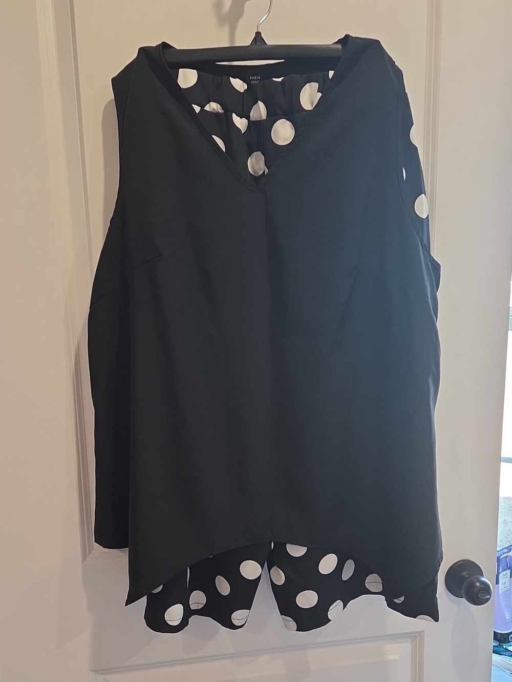 SHEIN Black Sleeveless V-Neck Tank with White Polka Dot Layer